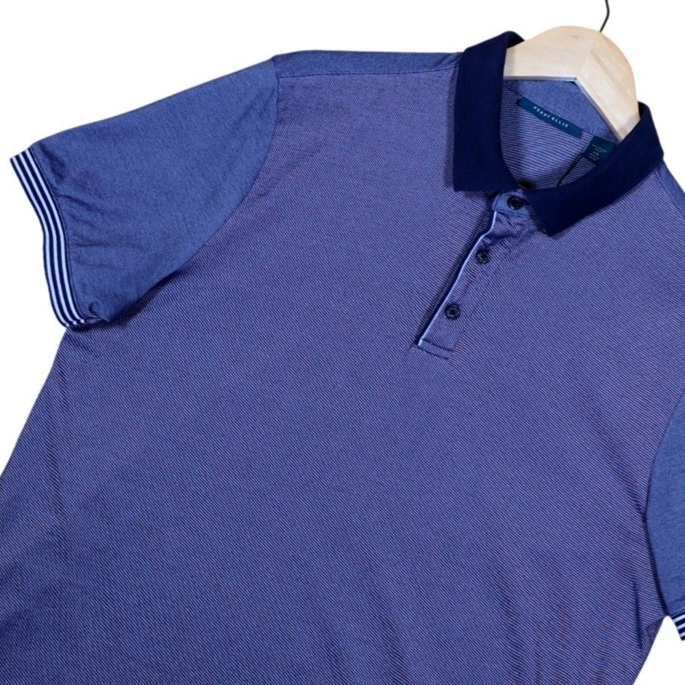 Perry Ellis‎ Mens Polo Shirt Blue Stripe Short Sleeve Button Up Size Large